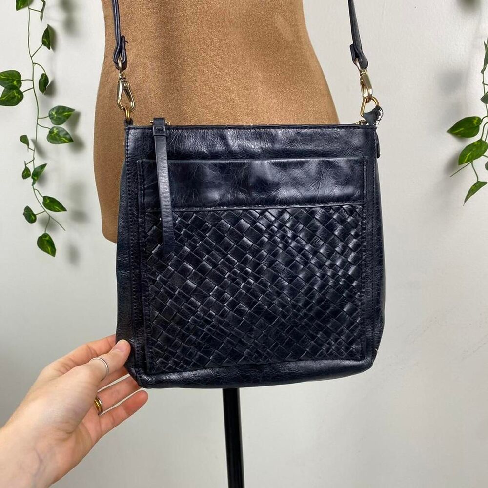 Y2K Tommy Bahama black genuine leather crossbody bag basket weave preppy 2000s